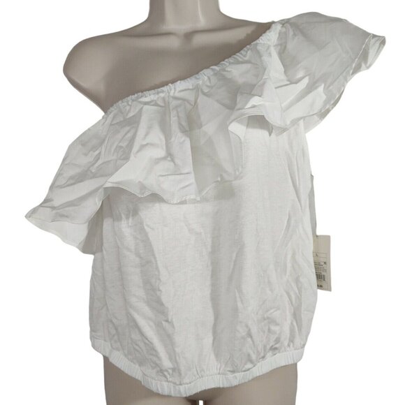 A New Day White One Shoulder Crop Top Women Size L Ruffle Neckline Banded Hem - Picture 1 of 6
